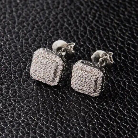 2ct Diamond Mens 925 Sterling Silver Square Stud Earrings Guys